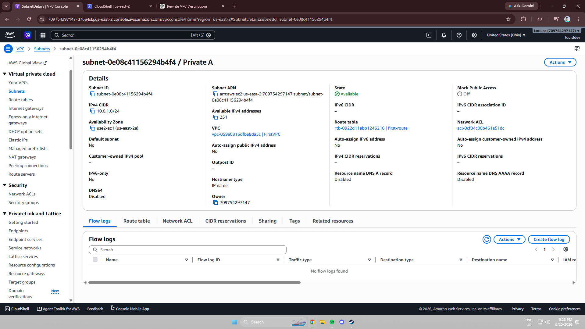 Private subnet configuration