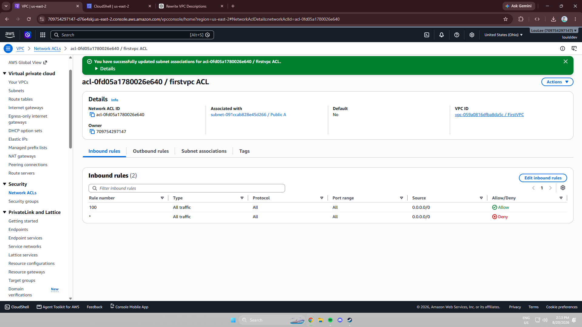 Default vs custom network ACL rules