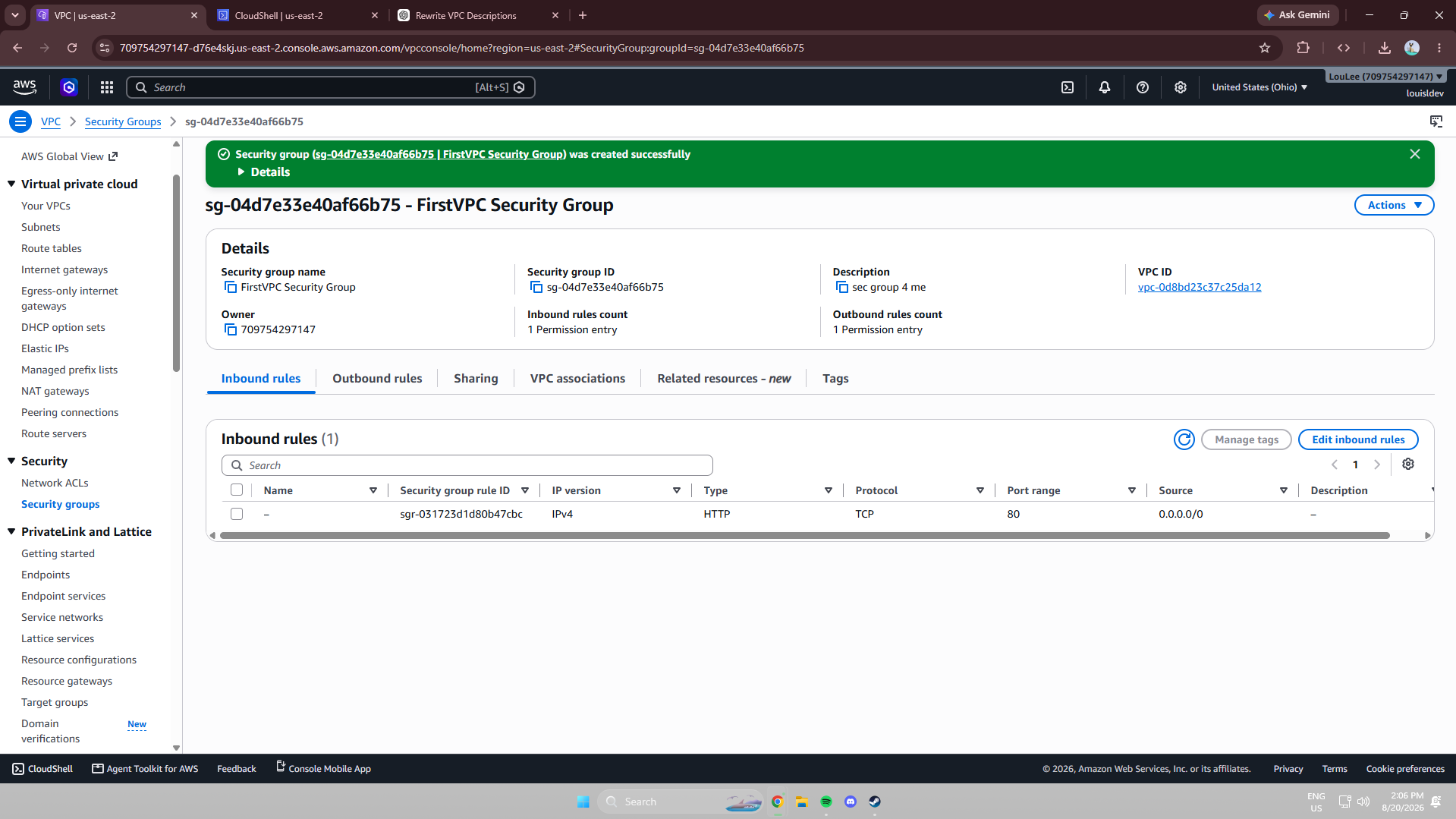 Security group inbound and outbound rules
