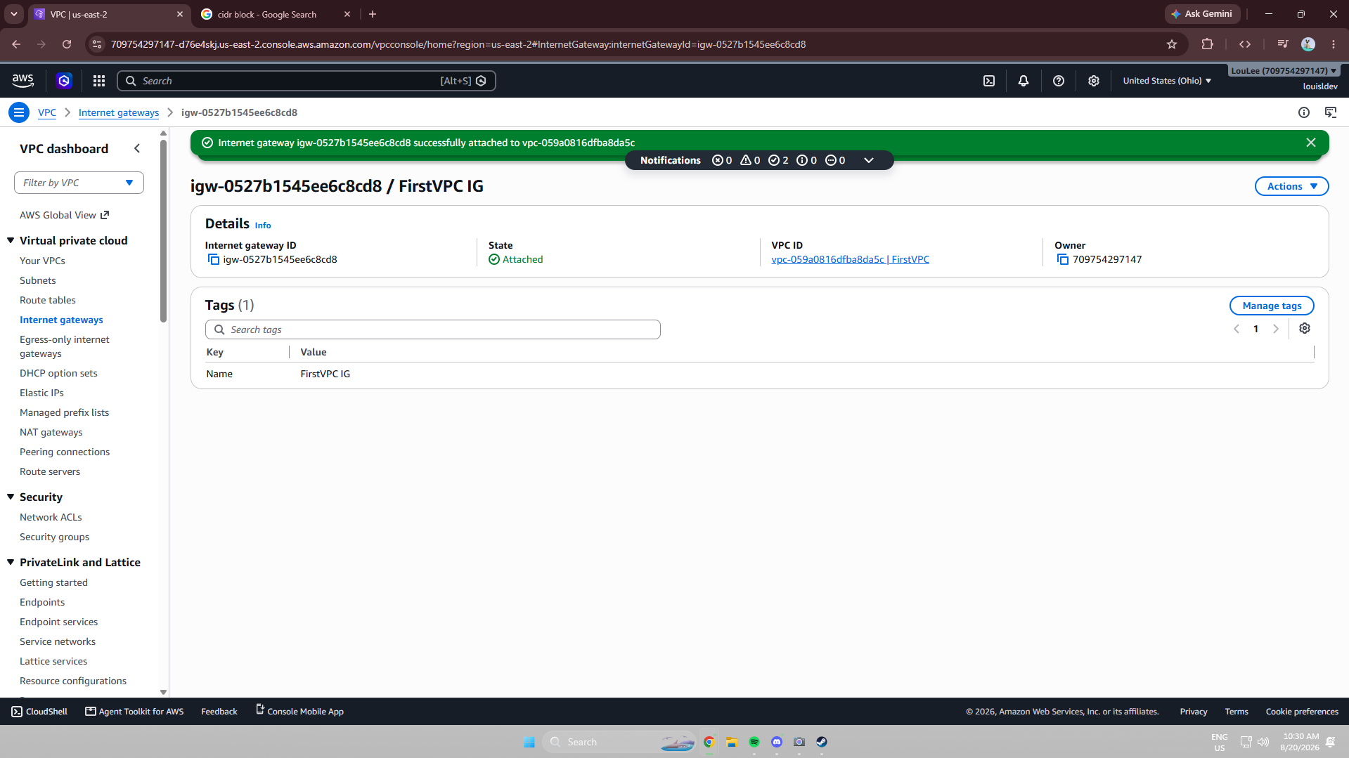 Internet Gateway attached to VPC