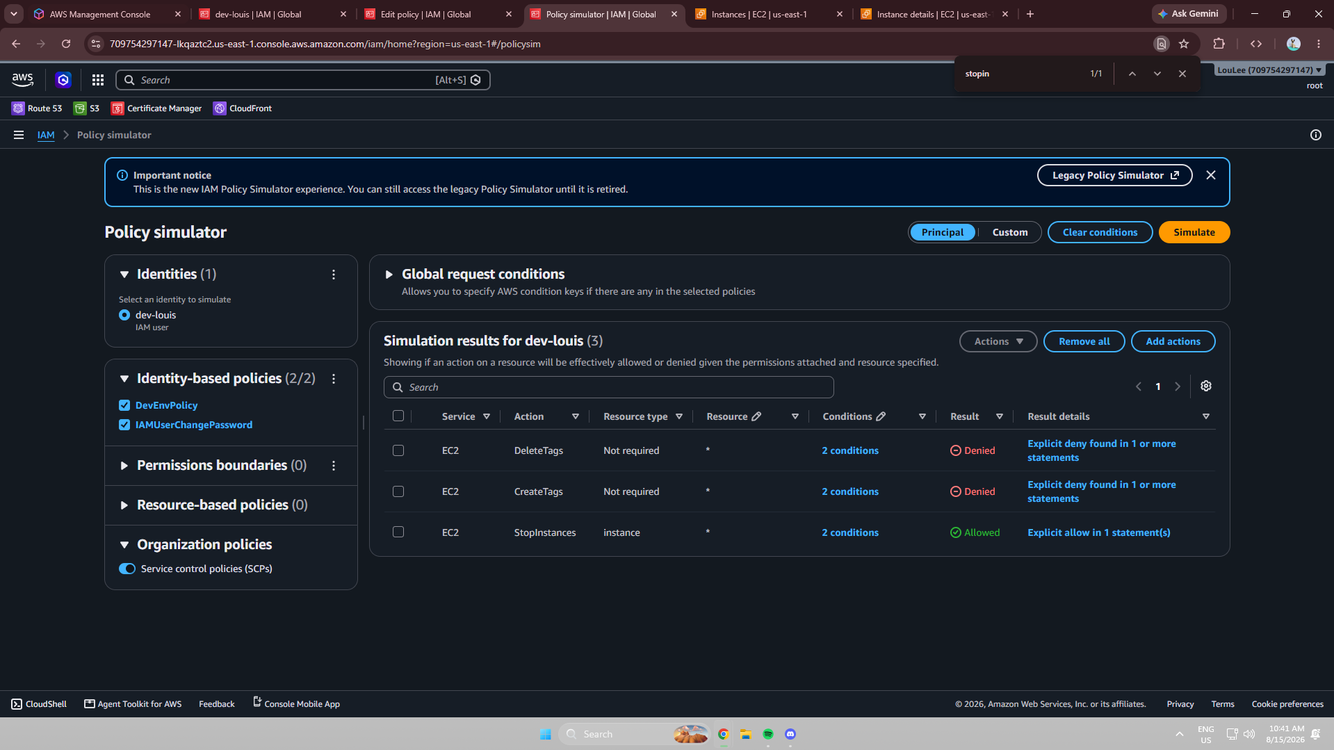 AWS IAM Policy Simulator results