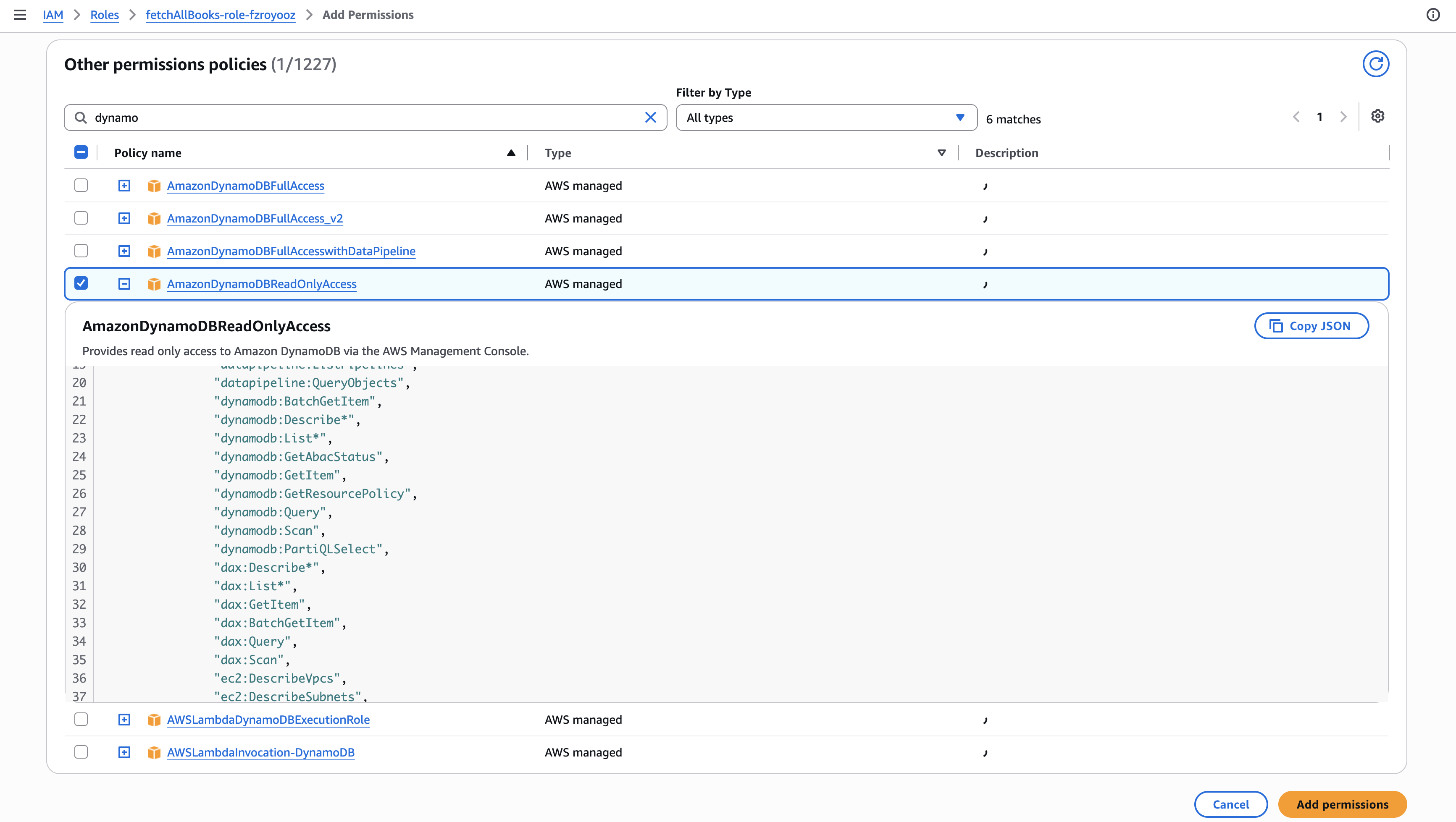 Attaching AmazonDynamoDBReadOnlyAccess