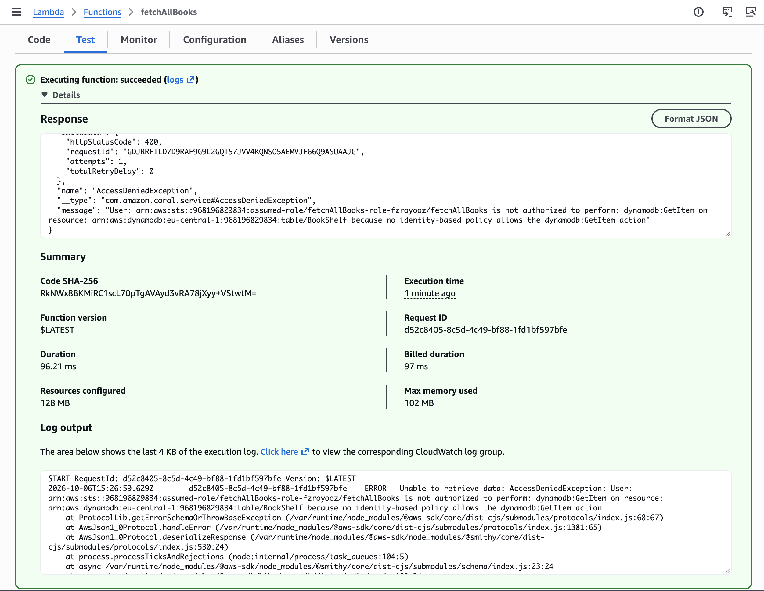 AccessDeniedException in Lambda test results